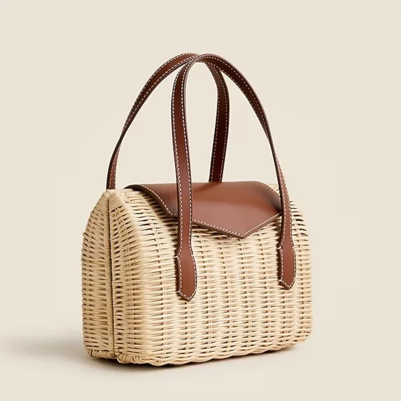New! J. Crew Small Rattan Leather Top Handle Satchel Crossbody Bag - Picture 1 of 16